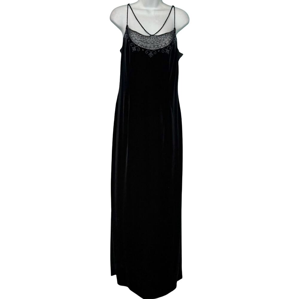 Vintage 90s Criss Cross Straps Black Velvet Beaded Gown Formal Dress sz 13 / 14